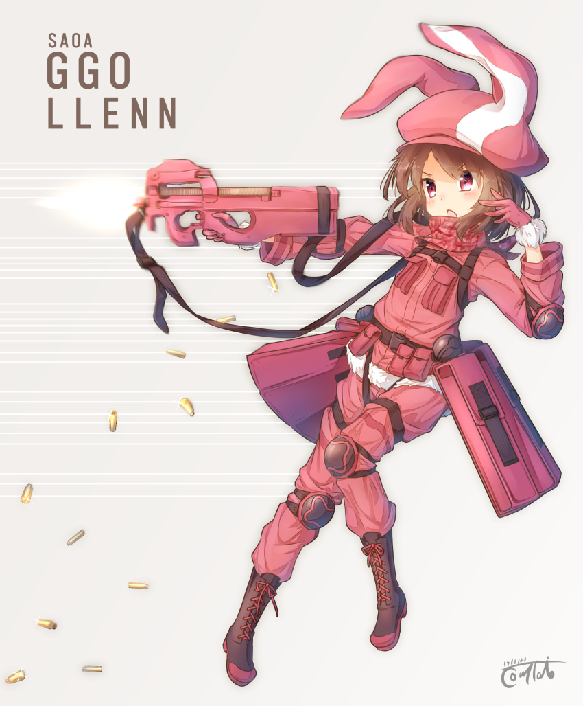 1girl absurdres animal_ears animal_hat bandana bangs blush boots brown_footwear brown_hair bullpup bunny_hat character_name commentary_request copyright_name coreytaiyo cross-laced_footwear dated eyebrows_visible_through_hair fake_animal_ears firing fur-trimmed_gloves fur-trimmed_jacket fur_trim gloves grey_background gun hair_between_eyes hand_up hat highres holding holding_gun holding_weapon jacket lace-up_boots llenn_(sao) looking_away open_mouth p-chan_(p-90) p90 pants pink_gloves pink_headwear pink_jacket pink_pants rabbit_ears red_eyes shell_casing signature solo submachine_gun sword_art_online sword_art_online_alternative:_gun_gale_online v-shaped_eyebrows weapon
