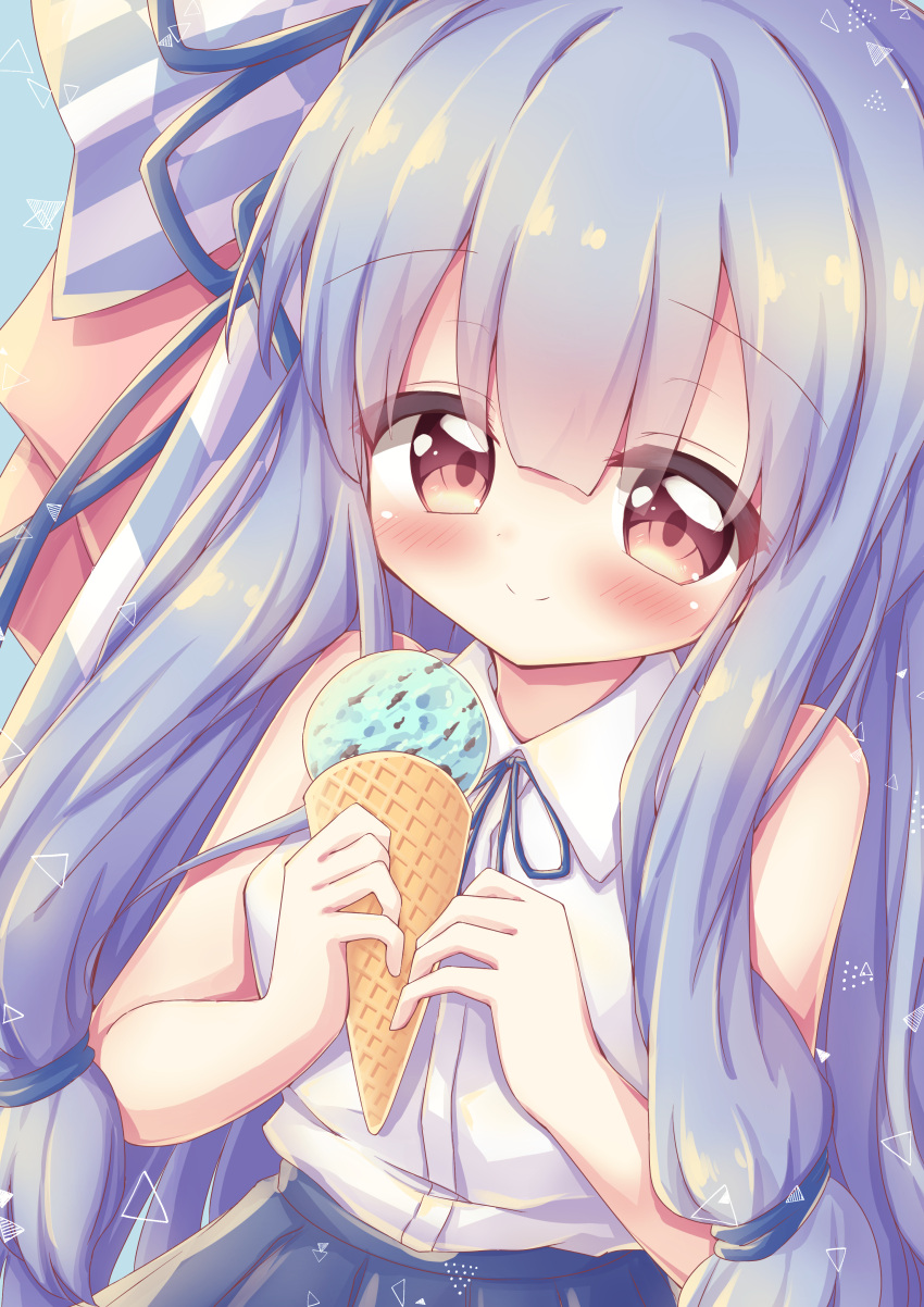 1girl absurdres bare_arms bare_shoulders blue_hair blue_ribbon blue_skirt blush bow brown_eyes chocolate_mint_ice_cream closed_mouth collared_shirt commentary_request food hair_bow hair_ribbon highres holding holding_food ice_cream ice_cream_cone kotonoha_aoi long_hair looking_at_viewer neck_ribbon pleated_skirt print_bow ribbon shirt skirt sleeveless sleeveless_shirt smile solo very_long_hair voiceroid waste_(arkaura) white_shirt yagasuri