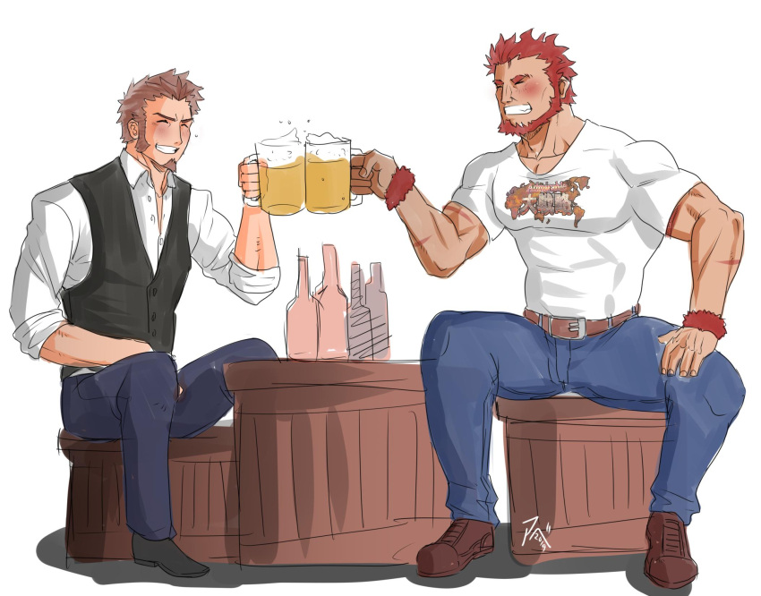 2boys abeberries beard blush bottle brown_hair chest closed_eyes cup drinking_glass facial_hair fate/grand_order fate_(series) hand_on_own_thigh highres long_sleeves male_focus multiple_boys muscle napoleon_bonaparte_(fate/grand_order) pectorals redhead rider_(fate/zero) scar simple_background smile teeth uniform