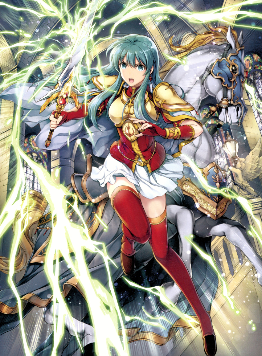 1girl absurdres animal aqua_eyes aqua_hair armor bangs boots bracelet breastplate cape earrings eirika elbow_gloves fingerless_gloves fire_emblem fire_emblem:_seima_no_kouseki fire_emblem_cipher gloves highres holding holding_sword holding_weapon horse indoors jewelry leg_up lightning long_hair looking_at_viewer official_art open_mouth red_footwear red_gloves shiny shiny_hair shoulder_armor sidelocks skirt solo sword thigh-highs thigh_boots weapon white_skirt yamada_koutarou zettai_ryouiki