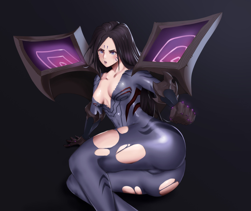 1girl absurdres arm_support asia_maru ass bangs black_hair bodysuit breasts clenched_hand collarbone commentary_request facial_mark gauntlets highres kai'sa league_of_legends lips lipstick long_sleeves makeup medium_breasts open_mouth parted_bangs shiny shiny_clothes shiny_hair shiny_skin simple_background skin_tight solo tears torn_bodysuit torn_clothes violet_eyes