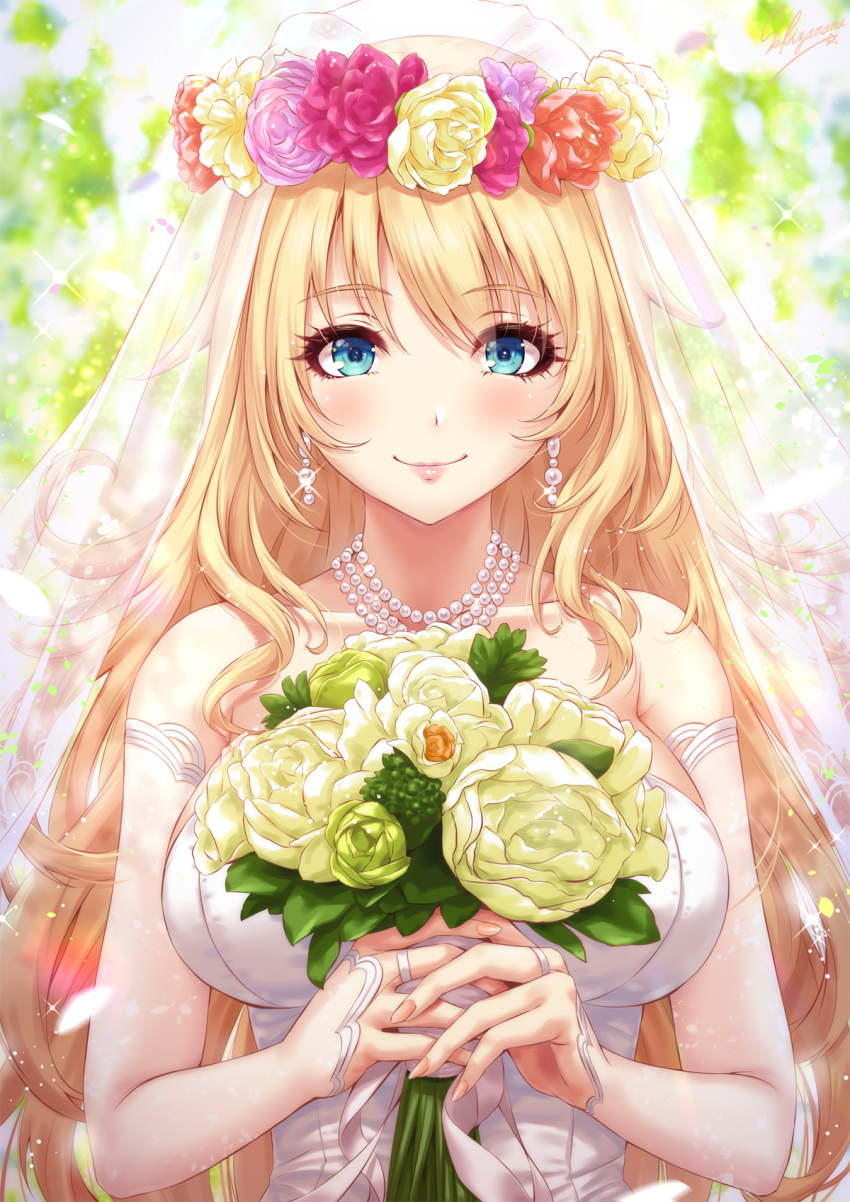 1girl artist_name atago_(kantai_collection) blonde_hair blue_eyes blush bouquet breasts bridal_gauntlets bride closed_mouth collarbone dress earrings fingernails floral_background flower hair_flower hair_ornament highres holding holding_bouquet jewelry kantai_collection large_breasts long_hair looking_at_viewer necklace pearl_necklace sakiyamama smile solo strapless strapless_dress upper_body very_long_hair wedding_dress white_dress