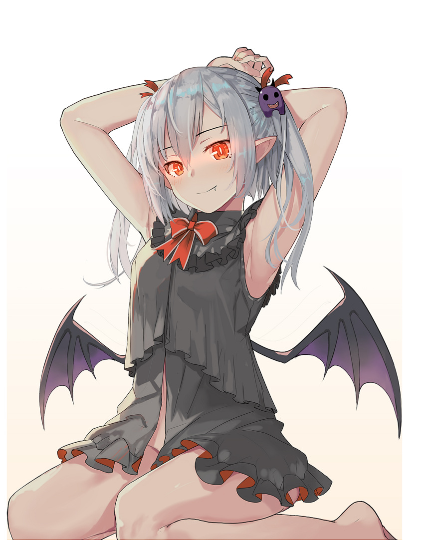 1girl armpits arms_behind_head arms_up bare_arms bare_legs bare_shoulders barefoot belly_peek black_dress bow bowtie closed_mouth demon_wings do2mi_doreimi dress fang frills glowing glowing_eyes hair_ornament highres long_hair looking_at_viewer no_panties orange_eyes original pointy_ears red_neckwear sidelocks silver_hair sitting sleeveless sleeveless_dress slit_pupils smile solo thighs twintails virtual_youtuber wing_collar wings