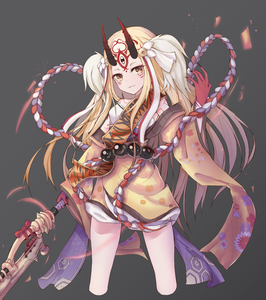 1girl absurdres bangs black_background blonde_hair commentary_request facial_mark fate/grand_order fate_(series) highres holding holding_weapon horns ibaraki_douji_(fate/grand_order) japanese_clothes kimono long_hair looking_at_viewer merryj oni oni_horns parted_bangs pointy_ears short_kimono simple_background solo tattoo twintails weapon yellow_eyes