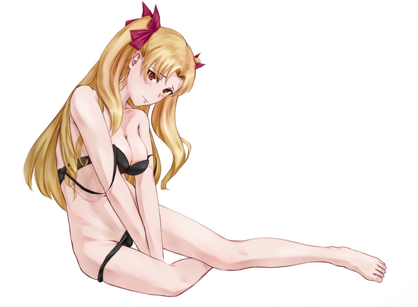 barefoot black_bra black_panties blush bra breasts commentary commentary_request ereshkigal_(fate/grand_order) fate/grand_order fate_(series) hair_ribbon highres long_hair panties red_eyes ribbon simple_background solo twintails underwear white_background