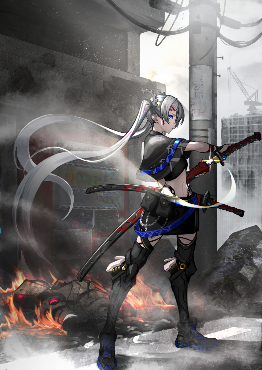 1girl absurdres android asagon007 black_capelet black_legwear black_skirt blue_eyes boots capelet cityscape commentary_request crane full_body grey_hair hair_ornament hairclip highres holding holding_weapon huge_filesize katana long_hair midriff miniskirt original outdoors science_fiction sheath sheathed skirt solo sword thigh-highs thigh_boots twintails very_long_hair weapon