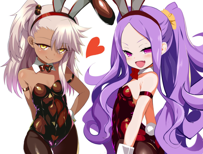 2girls animal_ears armband bangs bare_shoulders black_leotard blush bow bowtie breasts bunny_tail chloe_von_einzbern closed_mouth collarbone dark_skin detached_collar fang fate/grand_order fate/kaleid_liner_prisma_illya fate_(series) forehead hair_between_eyes hairband heart highres leotard long_hair looking_at_viewer multiple_girls open_mouth pantyhose parted_bangs pink_hair purple_hair rabbit_ears red_leotard scrunchie shimejinameko side_ponytail simple_background small_breasts smile tail tan very_long_hair violet_eyes white_background wrist_cuffs wu_zetian_(fate/grand_order) yellow_eyes yellow_scrunchie