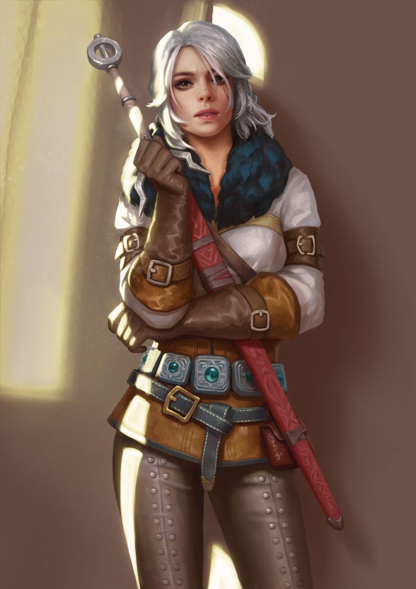 1girl absurdres belt breasts ciri freckles gloves green_eyes highres jacket jewelry lips long_hair looking_at_viewer makeup medium_breasts necklace scar short_hair silver_hair solo sword the_witcher the_witcher_3 weapon winter_clothes yangzheyy