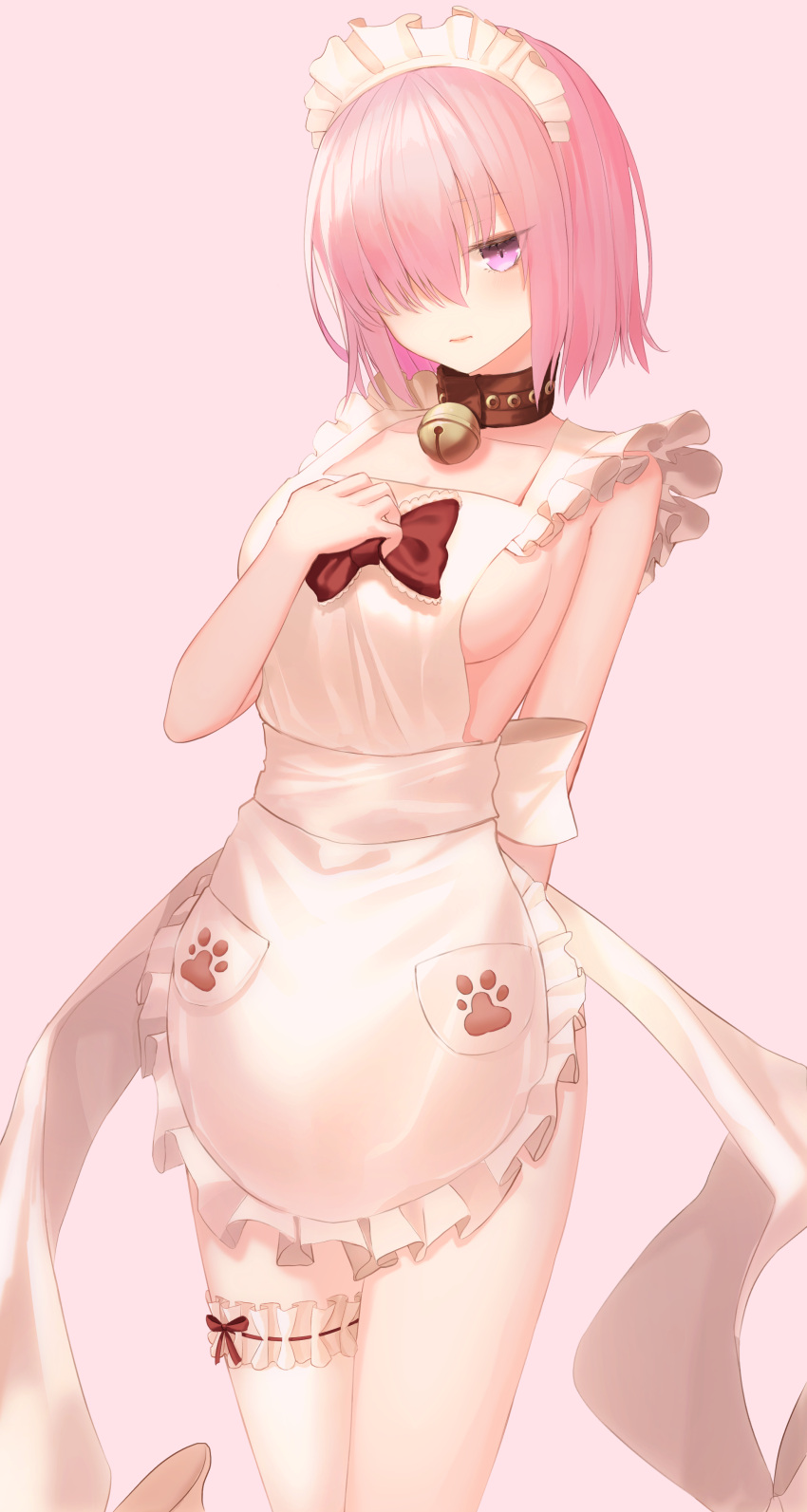 1girl 3: absurdres apron bangs bare_arms bare_shoulders bell black_bow bosumonki bow bowtie breasts closed_mouth collar collarbone cowboy_shot fate/grand_order fate_(series) hair_over_one_eye hand_on_own_chest highres jingle_bell leg_garter looking_at_viewer maid_apron maid_headdress mash_kyrielight medium_breasts naked_apron no_bra no_panties no_underwear paw_print pink_eyebrows pink_hair short_hair sideboob solo standing thighs thighs_together type-moon violet_eyes