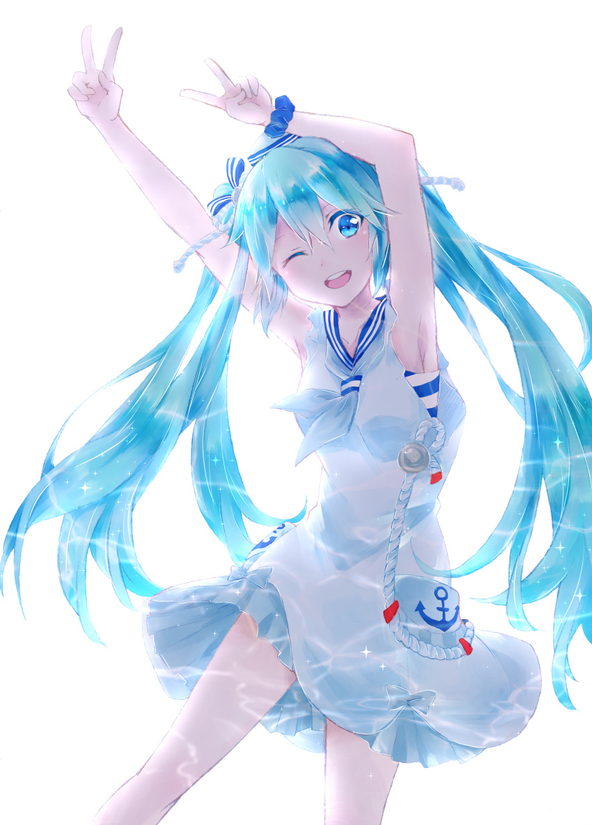 1girl ;d absurdres anchor_print armpits arms_up blue_eyes blue_hair bow double_v dress floating_hair full_body grey_neckwear hair_between_eyes hair_bow hatsune_miku highres long_hair looking_at_viewer one_eye_closed open_mouth print_dress sailor_dress shieri1114 short_dress simple_background sleeveless sleeveless_dress smile solo standing striped striped_bow v very_long_hair vocaloid white_background white_dress