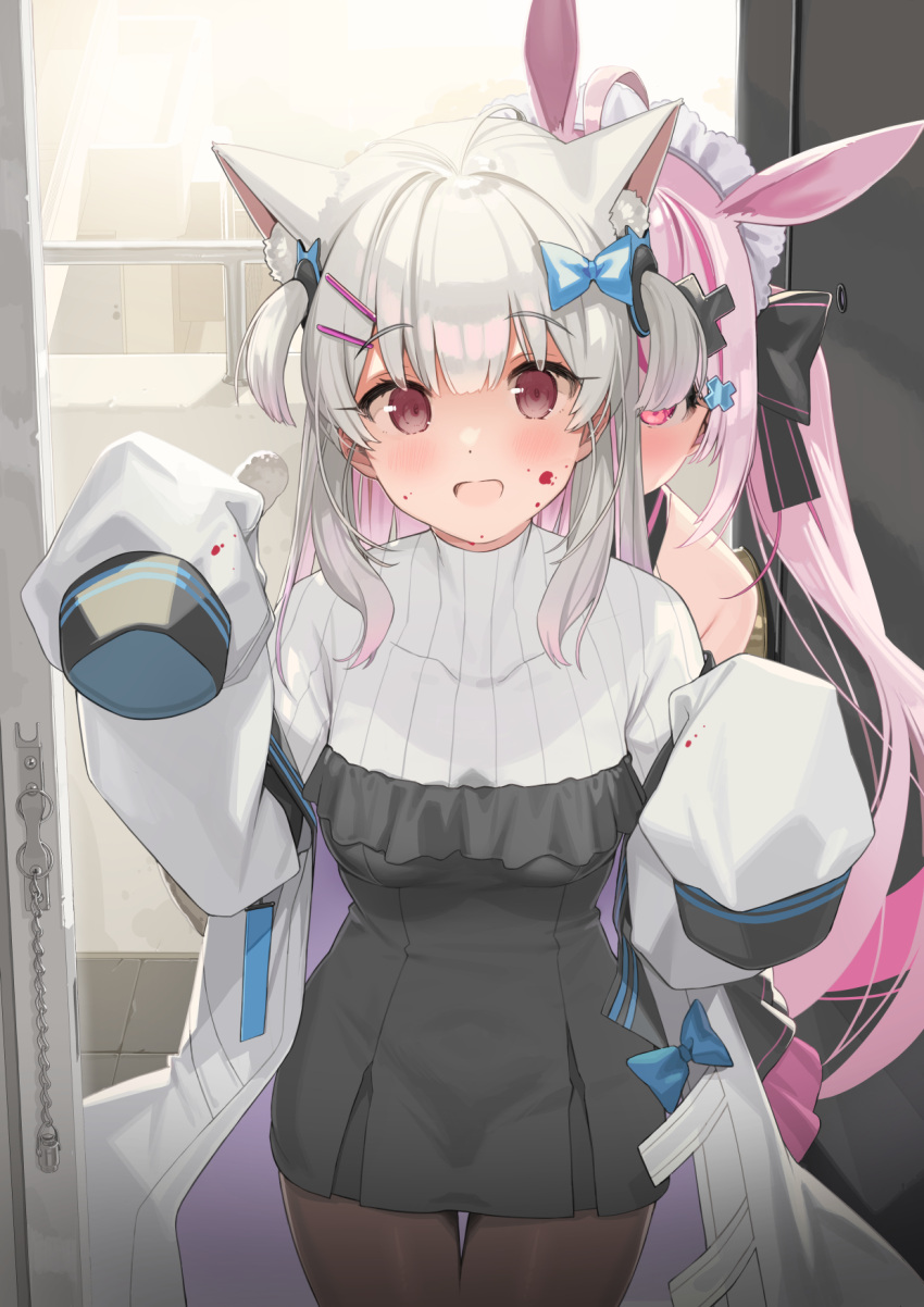 2girls :d animal_ears bangs black_bow black_dress blood blood_on_face blue_bow blush bow breasts cat_ears cat_girl cat_tail character_request covered_collarbone dress empty_eyes eyebrows_visible_through_hair frilled_dress frills grey_hair hair_bow hair_ornament hairclip hands_up highres jacket kanzarin_(hoochikiss) long_hair long_sleeves looking_at_viewer multicolored_hair multiple_girls open_clothes open_door open_jacket open_mouth pantyhose peeking_out pink_hair pleated_dress purple_hair rabbit_ears red_eyes ribbed_shirt shirt sleeves_past_fingers sleeves_past_wrists small_breasts smile streaked_hair tail tomari_mari tomari_mari_channel twintails two-tone_hair two_side_up very_long_hair white_jacket white_shirt