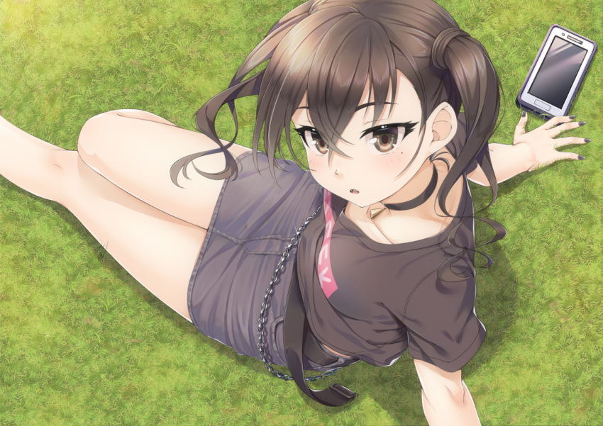 1girl arm_support bangs black_choker black_nails black_shirt black_skirt blush breasts brown_eyes chain choker day eyebrows_visible_through_hair grass hair_between_eyes idolmaster idolmaster_cinderella_girls long_hair looking_at_viewer miri_(ago550421) mole mole_under_eye outdoors sharp_teeth shirt sitting skirt solo sunazuka_akira t-shirt teeth twintails