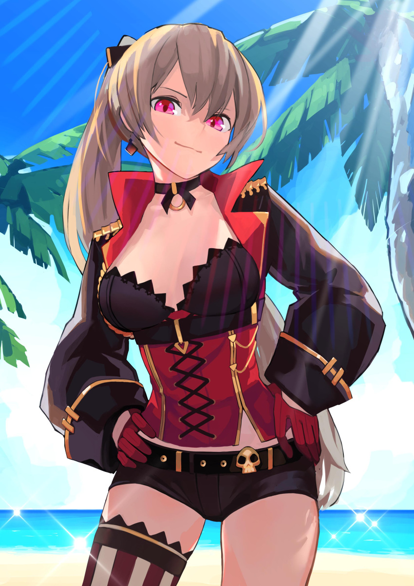1girl absurdres ao_(1234painter) azur_lane bangs beach belt breasts brown_hair choker closed_mouth collarbone commentary_request day earrings hair_between_eyes head_tilt highres jean_bart_(azur_lane) jewelry long_hair long_sleeves looking_at_viewer medium_breasts outdoors palm_tree ponytail red_eyes short_shorts shorts single_thighhigh skull sky smile solo standing thigh-highs tree
