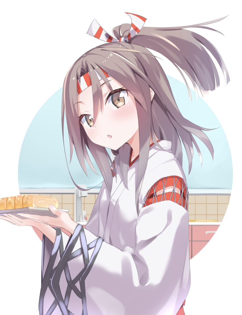 1girl :o absurdres bangs blush brown_eyes commentary_request eyebrows_visible_through_hair food gedoo_(gedo) hachimaki hair_ribbon headband highres holding holding_food indoors japanese_clothes kantai_collection kitchen light_brown_hair long_hair looking_at_viewer omelet open_mouth ponytail ribbon solo tamagoyaki upper_body white_background zuihou_(kantai_collection)