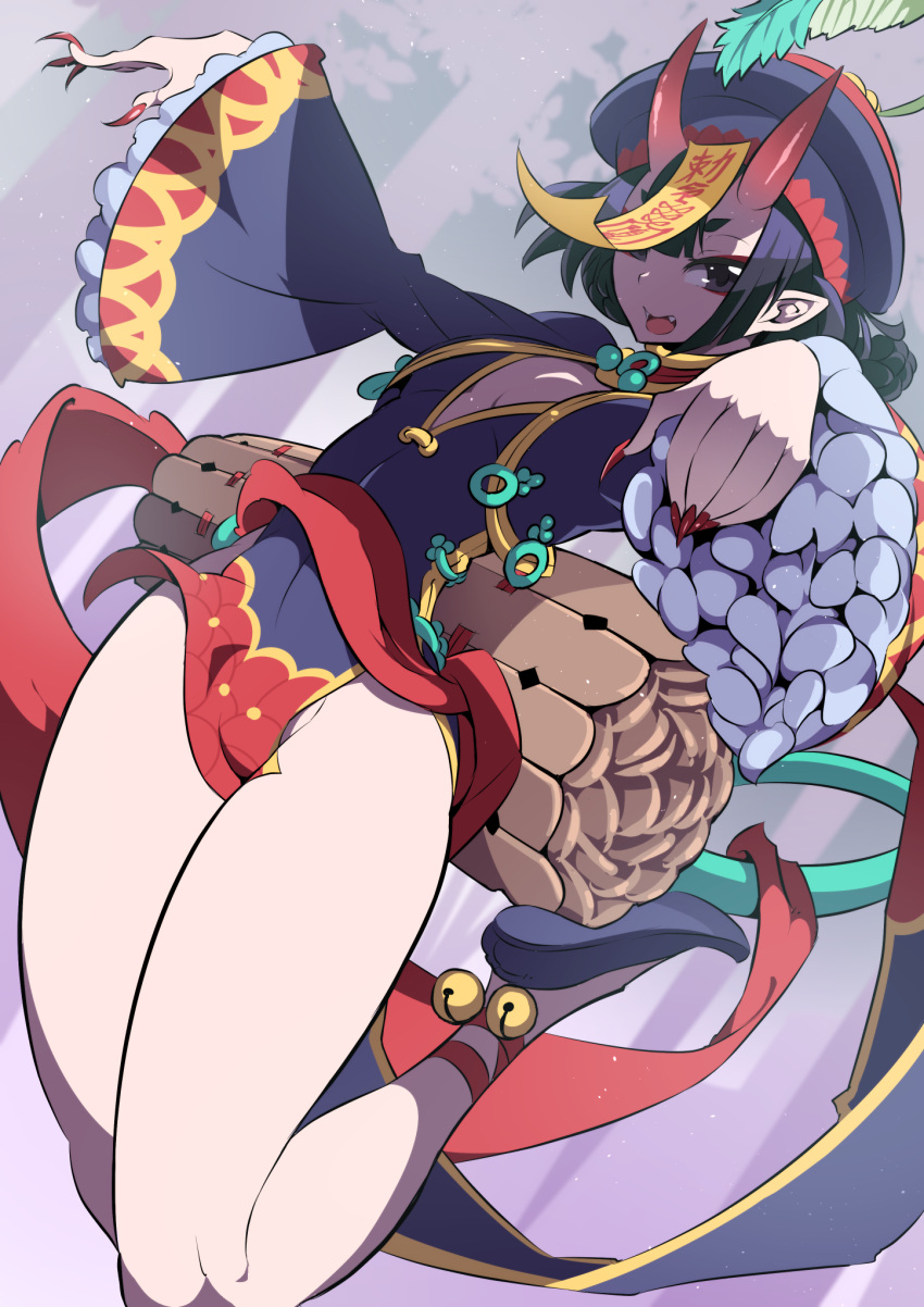 1girl :d ankle_bell breasts eyeliner fang fate/grand_order fate_(series) fingernails hat highres horns jiangshi long_fingernails looking_at_viewer makeup nac000 oni open_mouth purple_hair red_nails sharp_fingernails short_hair shuten_douji_(fate/grand_order) small_breasts smile solo talisman violet_eyes