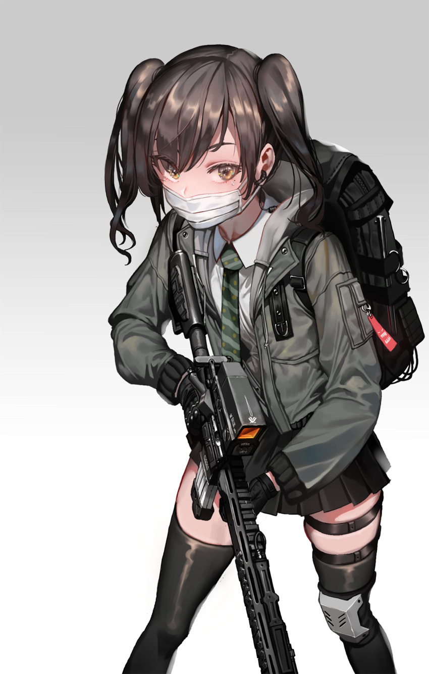 1girl backpack bag bangs black_legwear blush brown_eyes brown_hair collared_shirt eyebrows_visible_through_hair gradient gradient_background green_neckwear gun hair_between_eyes highres holding holding_gun holding_weapon idolmaster idolmaster_cinderella_girls ihobus jacket long_hair long_sleeves looking_at_viewer mole mole_under_eye shirt simple_background skindentation skirt solo sunazuka_akira surgical_mask sweatdrop thigh-highs thigh_strap twintails weapon white_shirt