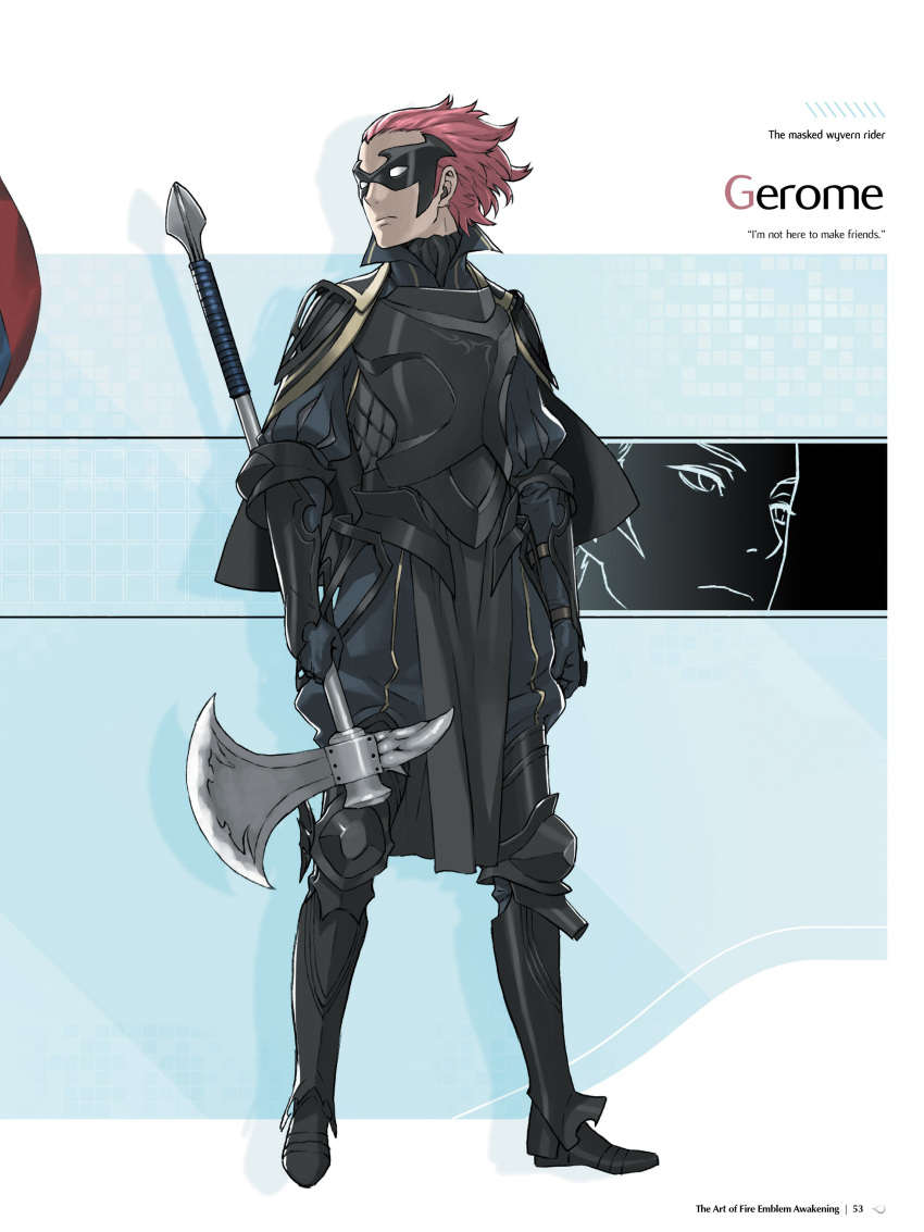 1boy absurdres armor armored_boots black_pants boots cape capelet character_name fire_emblem fire_emblem:_kakusei full_body gauntlets highres holding holding_weapon jerome_(fire_emblem) knee_boots kozaki_yuusuke long_sleeves male_focus mask official_art page_number pants pelvic_curtain redhead short_hair shoulder_armor shoulder_pads simple_background solo weapon
