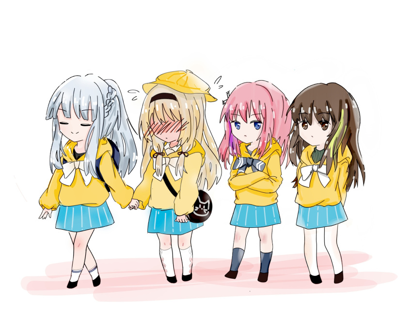 4girls ak-12_(girls_frontline) an-94_(girls_frontline) blonde_hair blue_eyes brown_hair child closed_eyes commentary crossed_arms embarrassed girls_frontline green_hair hairband hat highres holding_hands long_hair long_sleeves looking_at_viewer m4a1_(girls_frontline) multicolored_hair multiple_girls pc_(jrra8523) pink_hair school_hat school_uniform side_ponytail silver_hair socks st_ar-15_(girls_frontline) yellow_headwear younger