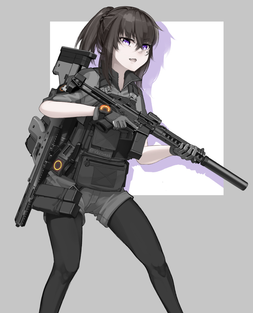 1girl absurdres artist_name assault_rifle black_hair black_legwear carabiner commentary eyebrows_visible_through_hair fang fangs from_side gloves grey_gloves gun highres holding holding_gun holding_weapon looking_at_viewer m4_carbine military open_mouth original pantyhose pocket ponytail rifle scope shadow shorts sidelocks simple_background sleeves_rolled_up smile solo standing suppressor tom_clancy's_the_division vectorek violet_eyes watch weapon