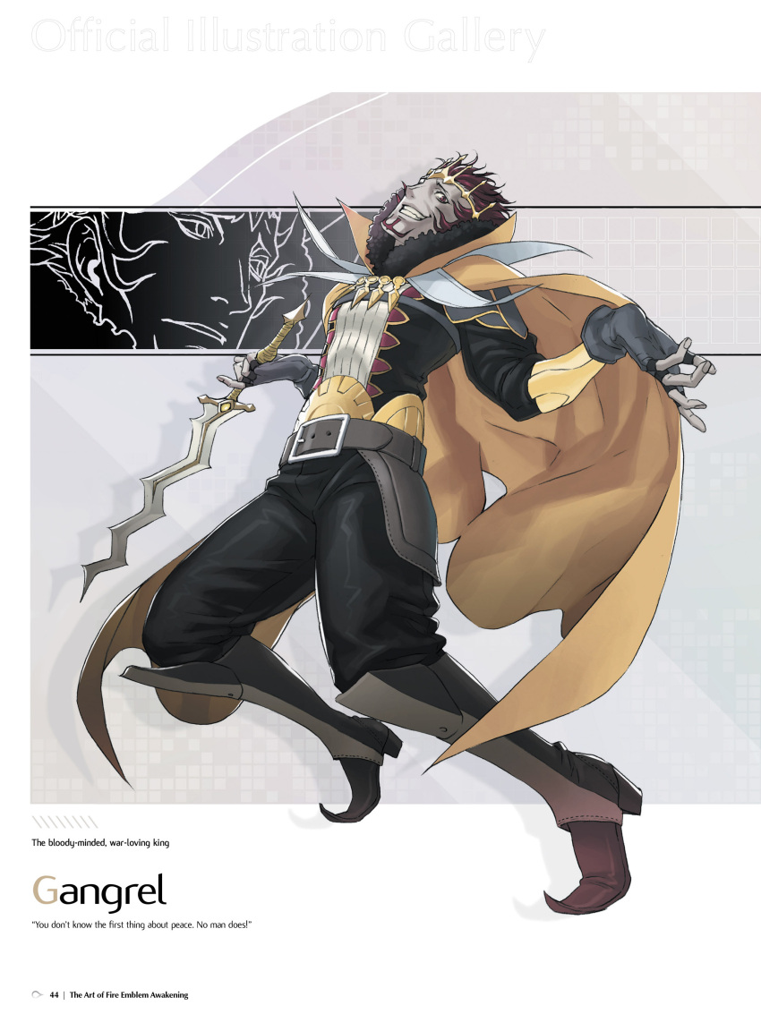 1boy absurdres beard belt boots cape character_name crown evil_smile facial_hair fingerless_gloves fire_emblem fire_emblem:_kakusei full_body fur_trim gangrel gloves highres holding holding_sword holding_weapon knee_boots kozaki_yuusuke long_sleeves looking_at_viewer male_focus official_art page_number pants parted_lips red_eyes redhead short_hair simple_background smile solo sword teeth weapon