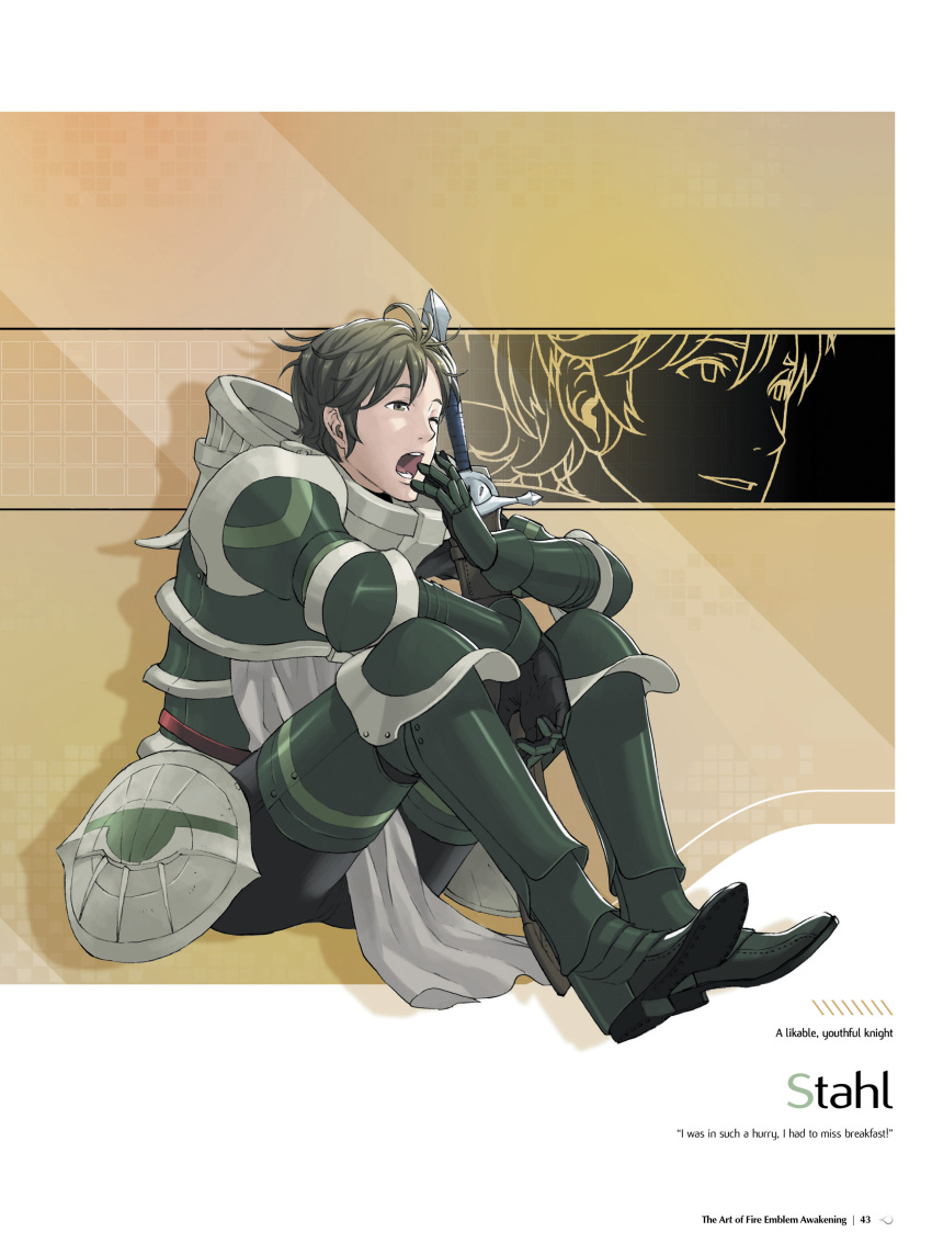 1boy absurdres armor boots character_name fire_emblem fire_emblem:_kakusei full_body gauntlets greaves hand_up highres kozaki_yuusuke male_focus official_art one_eye_closed open_mouth page_number pants polearm short_hair simple_background sitting solo solt_(fire_emblem) sword weapon yawning