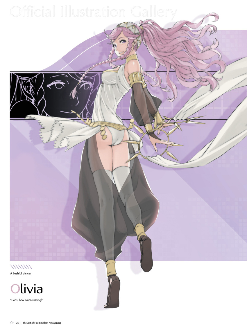 1girl absurdres armlet ass bare_shoulders bracelet braid character_name dancer fire_emblem fire_emblem:_kakusei full_body grin hairband highres jewelry kozaki_yuusuke long_hair looking_back official_art olivia_(fire_emblem) page_number pink_hair ponytail sandals see-through side_braid simple_background smile solo thigh-highs twin_braids violet_eyes white_legwear