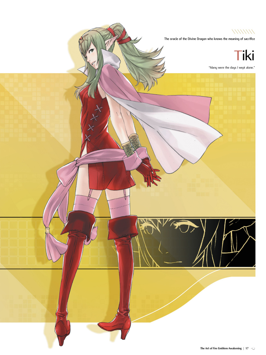 1girl absurdres boots bracelet cape character_name chiki fire_emblem fire_emblem:_kakusei full_body garter_straps gloves green_eyes green_hair hair_ornament hair_ribbon high_heels highres jewelry kozaki_yuusuke long_hair mamkute official_art page_number pink_legwear pointy_ears ponytail ribbon sash shoes simple_background solo standing thigh-highs thigh_boots