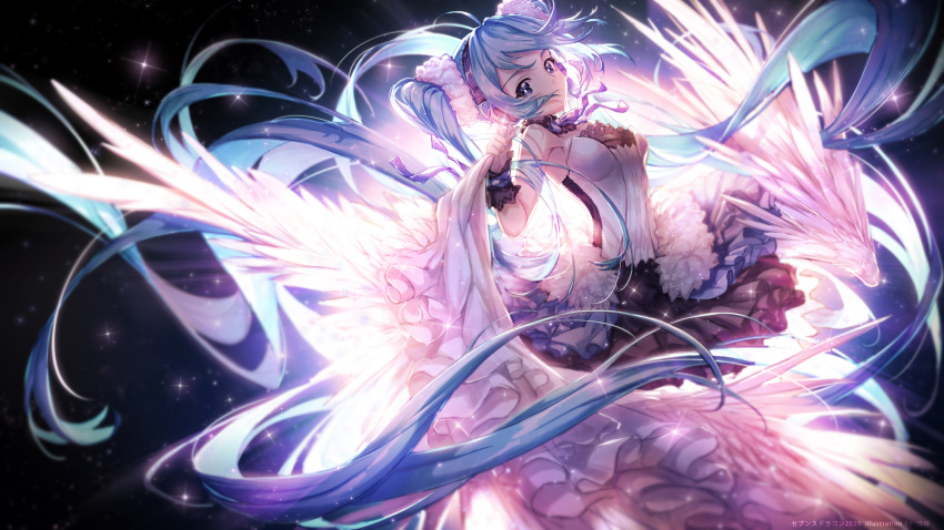 1girl bangs black_skirt blue_eyes blue_hair blue_nails blurry blurry_background breasts depth_of_field hatsune_miku highres holding layered_skirt lengchan_(fu626878068) long_hair looking_at_viewer nail_polish neck_ribbon pleated_skirt purple_ribbon ribbon shirt skirt small_breasts solo sparkle strapless twintails very_long_hair vocaloid watermark white_shirt wrist_cuffs