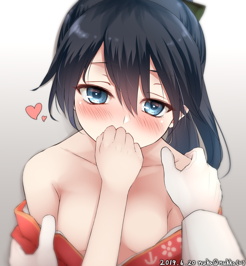 1girl artist_name bare_shoulders black_hair blue_eyes breasts commentary_request dated floral_print gradient gradient_background grey_background high_ponytail highres houshou_(kantai_collection) japanese_clothes kantai_collection kimono long_hair looking_at_viewer nuka_(nvkka) off-shoulder_kimono pink_kimono ponytail pov small_breasts solo twitter_username upper_body