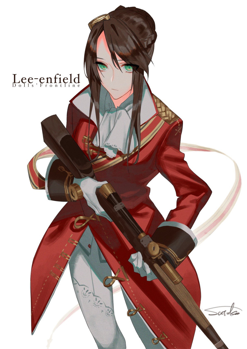 1girl braid brown_hair closed_mouth coat commentary eyebrows_visible_through_hair facing_viewer forehead girls_frontline gloves green_eyes gun hair_ornament highres holding holding_gun holding_weapon lee-enfield lee-enfield_(girls_frontline) long_hair long_sleeves looking_at_viewer military military_uniform pants red_coat rifle satellite12 scope simple_background solo standing uniform weapon white_background white_gloves white_pants