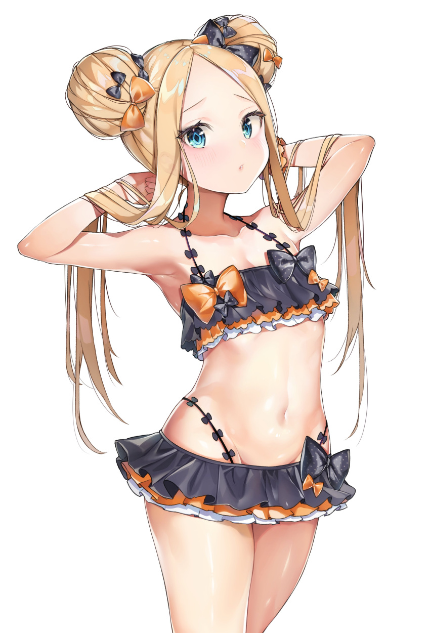 1girl abigail_williams_(fate/grand_order) absurdres armpits arms_up bangs bare_shoulders bikini black_bikini black_bow blonde_hair blue_eyes blush bow breasts double_bun emerald_float fate/grand_order fate_(series) forehead frilled_bikini frills hair_bow hands_in_hair highres long_hair looking_at_viewer miniskirt navel orange_bow parted_bangs polka_dot polka_dot_bow shiny shiny_hair simple_background skirt small_breasts solo swimsuit thighs white_background yayoichi_(yoruyoru108)