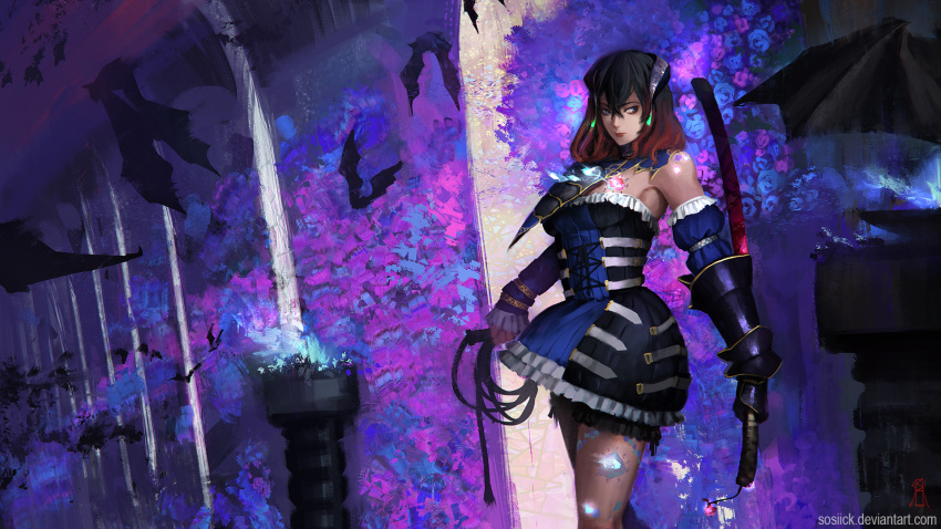 1girl animal bat black_hair bloodstained:_ritual_of_the_night blue_eyes breasts brown_hair detached_sleeves flower gauntlets gradient_hair hair_between_eyes hair_ornament highres horns katana looking_at_viewer miriam_(bloodstained) multicolored_hair pale_skin short_hair solo sosiick stained_glass sword tattoo weapon