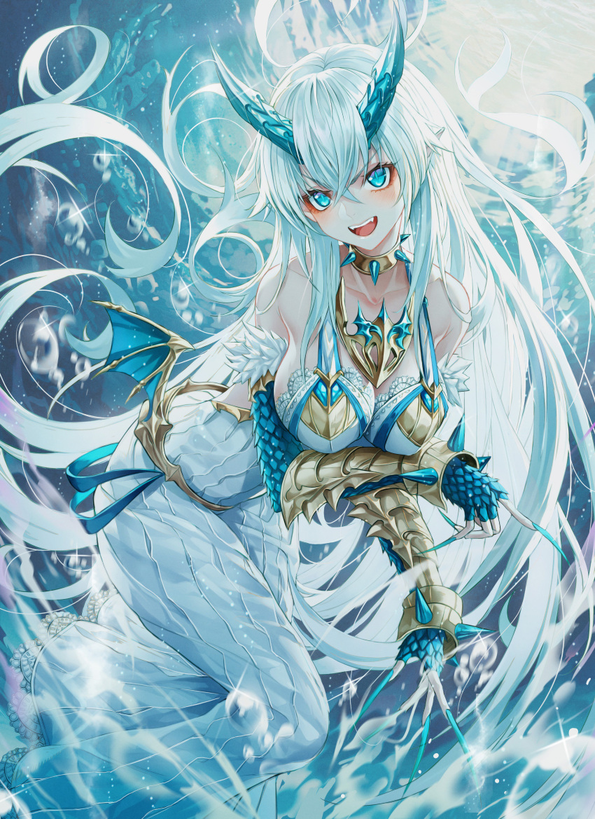 1girl absurdres bare_shoulders blue_eyes blush breasts choker diamond-shaped_pupils dress elbow_gloves fang fingernails gauntlets gloves highres horns large_breasts light_blue_hair long_fingernails long_hair looking_at_viewer okazu_(eightstudio) open_mouth original scales solo symbol-shaped_pupils teeth water