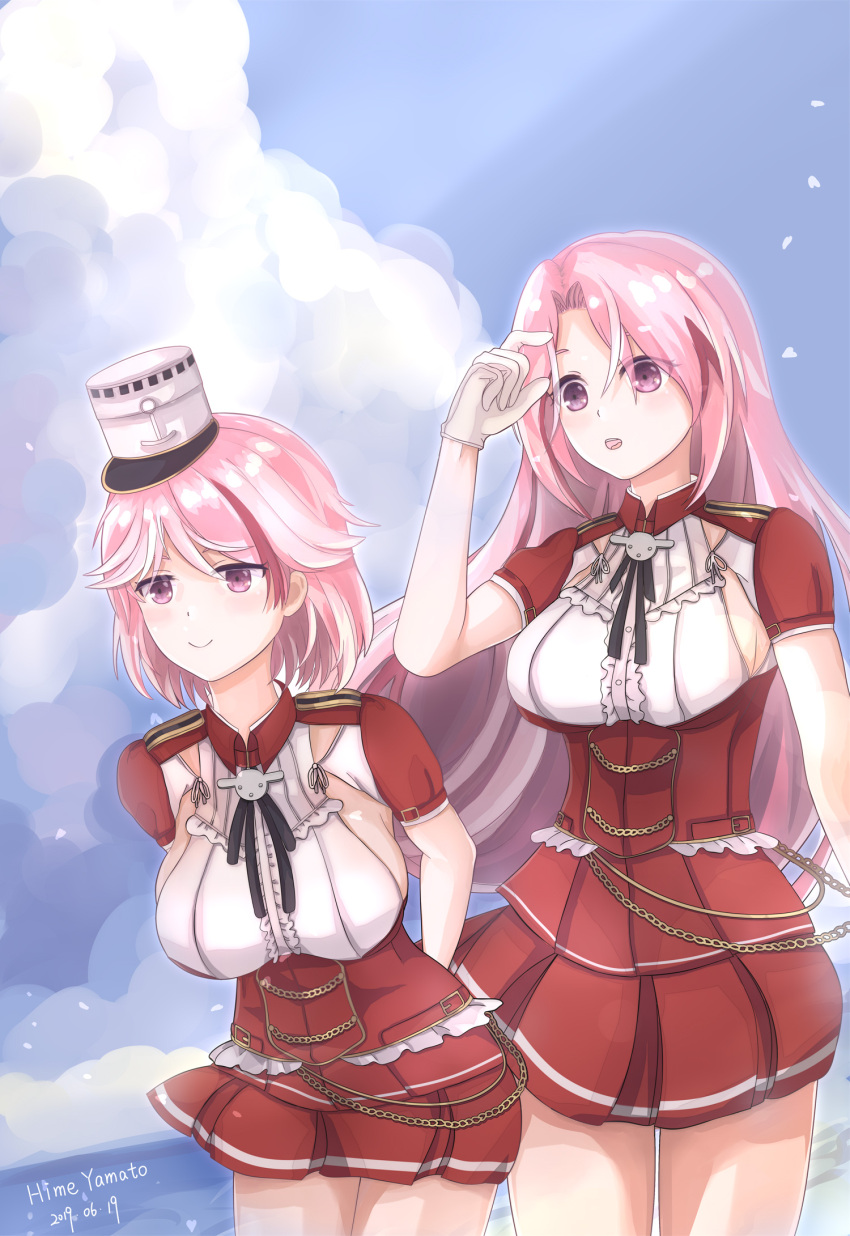 2girls armpits bangs breasts cake_no_shaberu clouds cloudy_sky commentary_request dutch_angle giuseppe_garibaldi_(kantai_collection) gloves hat highres kantai_collection large_breasts luigi_di_savoia_duca_degli_abruzzi_(cruiser) luigi_di_savoia_duca_degli_abruzzi_(kantai_collection) medium_breasts multiple_girls ocean parted_bangs pink_eyes pink_hair pleated_skirt red_shirt red_skirt shirt short_hair short_sleeves sideboob skirt sky thighs white_gloves white_headwear