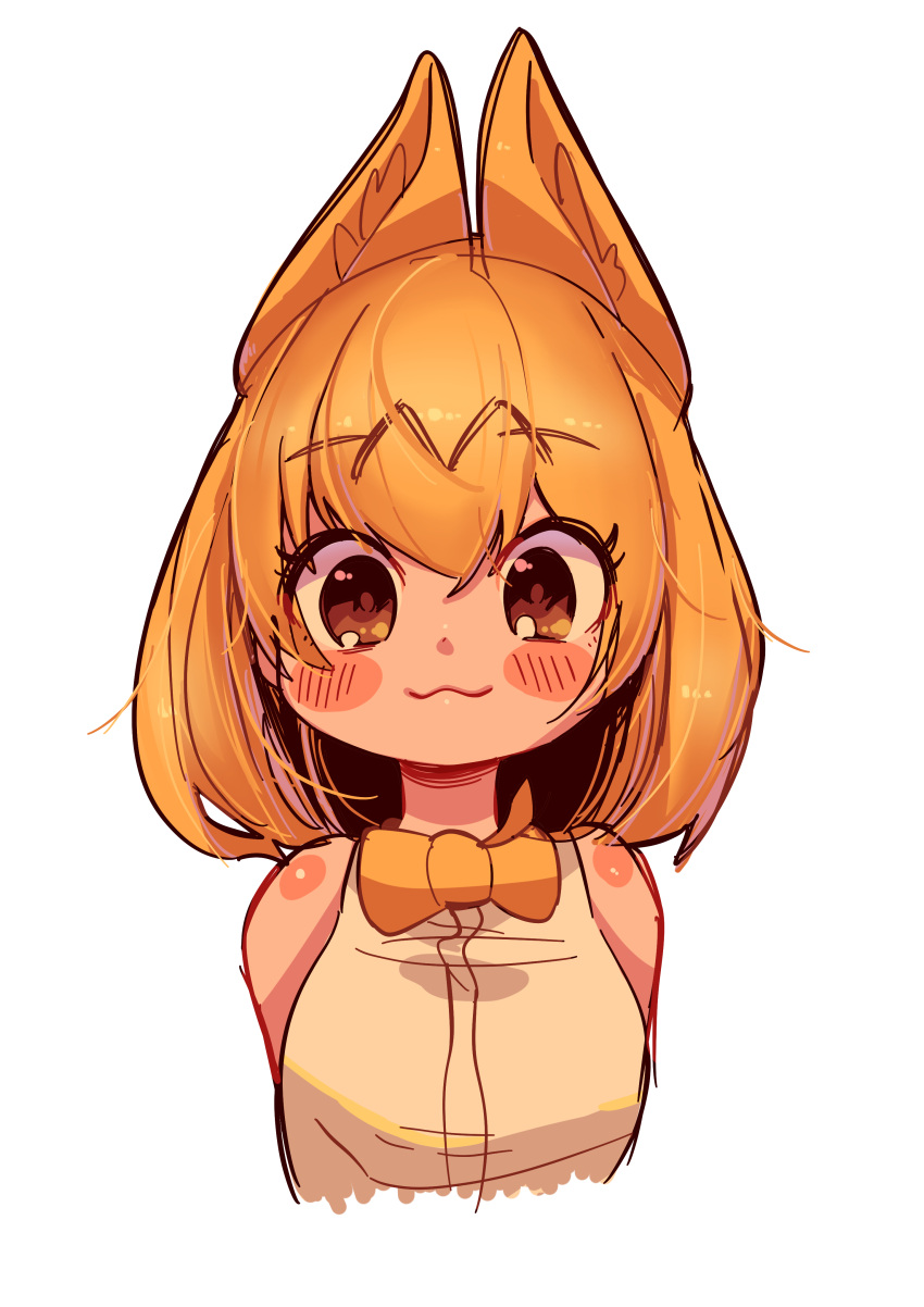 1girl :3 absurdres animal_ears blonde_hair blush bow bowtie breasts brown_eyes cropped_torso extra_ears eyebrows_visible_through_hair eyes_visible_through_hair highres kemono_friends looking_at_viewer medium_hair more_e_4km portrait serval_(kemono_friends) serval_ears shirt simple_background sleeveless sleeveless_shirt smile solo white_background white_shirt yellow_bow yellow_neckwear