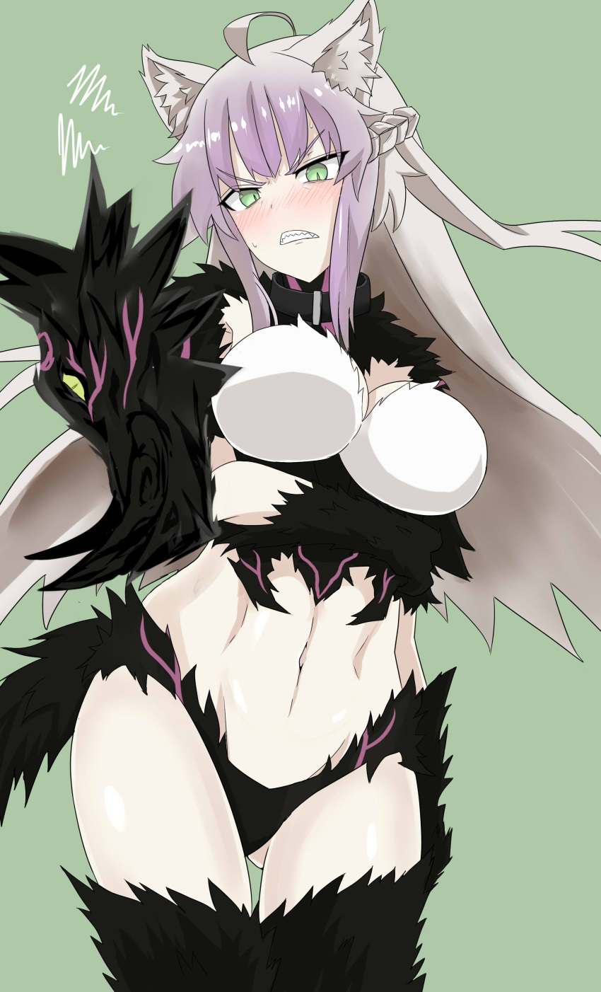 1girl abs absurdres agrius_metamorphosis ahoge angry animal_ears ass_visible_through_thighs atalanta_(alter)_(fate) atalanta_(fate) black_collar blush braid breast_hold breasts cat_ears clenched_teeth collar fate/apocrypha fate/grand_order fate_(series) french_braid gradient_hair green_background green_eyes highres large_breasts looking_at_viewer multicolored_hair navel purple_hair rakku_(10219563) scowl sharp_teeth sidelocks silver_hair simple_background slit_pupils solo squiggle sweatdrop teeth thigh-highs two-tone_hair v-shaped_eyebrows