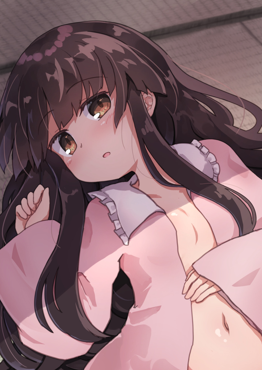 1girl bangs blush brown_eyes brown_hair commentary_request eyebrows_visible_through_hair frilled_shirt_collar frills hand_up highres houraisan_kaguya japanese_clothes kibisake kimono long_hair long_sleeves looking_at_viewer lying navel on_back on_floor open_clothes open_kimono parted_lips pink_kimono sidelocks sleeves_past_wrists solo tatami touhou very_long_hair wide_sleeves