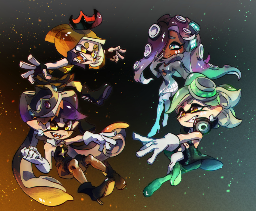 +_+ 4girls ankle_boots aori_(splatoon) black_dress black_footwear black_gloves black_jumpsuit blue_legwear boots brown_hair brown_legwear cephalopod_eyes clenched_hand closed_mouth commentary cousins crown dark_skin detached_collar domino_mask dress earrings embers facial_mark fangs fingerless_gloves food food_on_head gloves gradient_hair green_eyes green_footwear green_hair green_legwear grey_dress grin headphones high_heel_boots high_heels hime_(splatoon) hotaru_(splatoon) iida_(splatoon) jewelry light_particles long_hair long_sleeves looking_at_another mask mole mole_under_eye mole_under_mouth multicolored_hair multiple_girls object_on_head octarian open_mouth pantyhose pink_pupils pointy_ears reaching_out sharp_teeth short_dress short_jumpsuit smile smirk splatoon_(series) splatoon_1 splatoon_2 strapless suction_cups sushi teeth tentacle_hair thigh-highs thigh_boots ukata very_long_hair white_gloves yellow_eyes