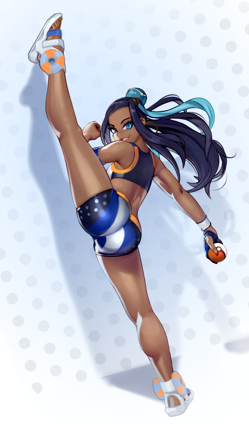 1girl absurdres aqua_eyes aqua_hair ass dark_blue_hair dark_skin full_body gloves highres holding holding_poke_ball kairuhentai long_hair looking_at_viewer multicolored_hair partly_fingerless_gloves poke_ball pokemon pokemon_(game) pokemon_swsh rurina_(pokemon) sandals shorts single_glove solo sportswear standing standing_on_one_leg swimsuit tankini two-tone_hair