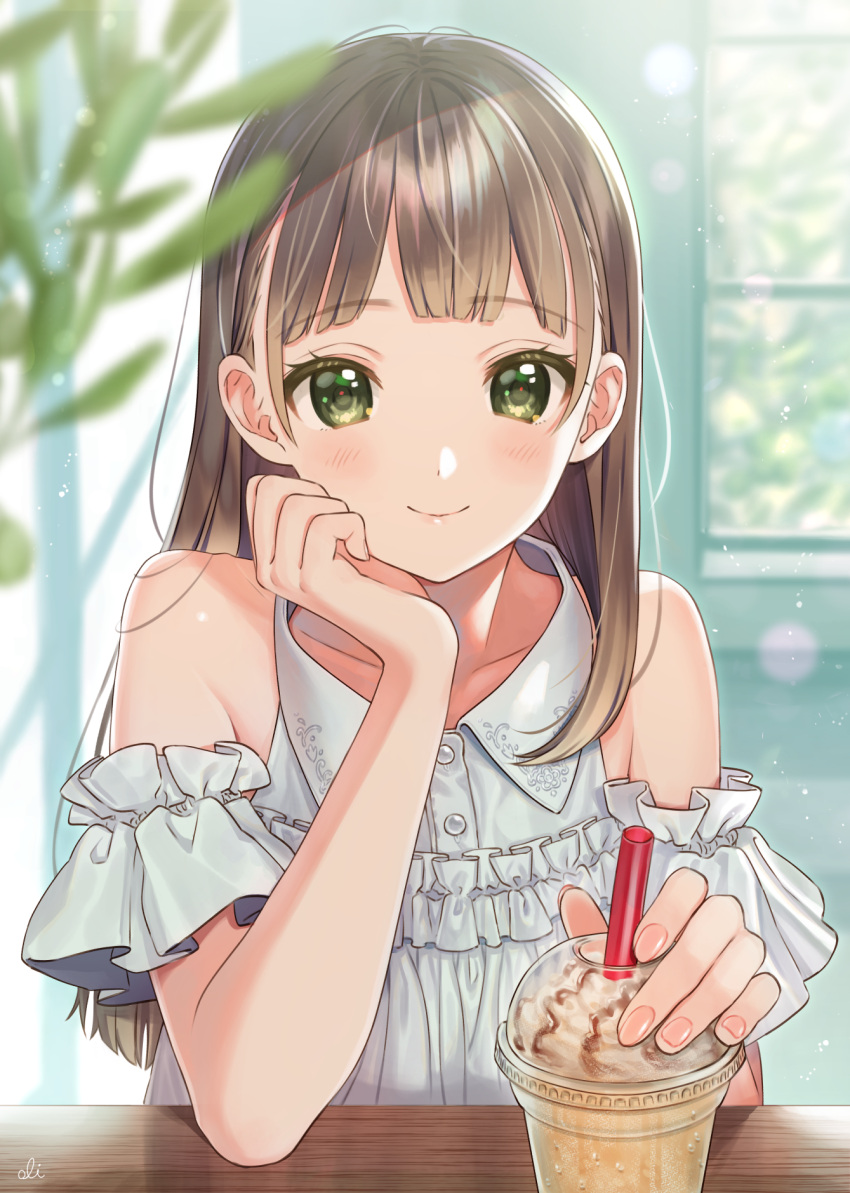 1girl arm_garter artist_name bangs bare_shoulders blunt_bangs blush brown_hair buttons closed_mouth collarbone collared_shirt commentary cup day drinking_straw eyebrows_visible_through_hair eyelashes fingernails frilled_shirt frills green_eyes hand_on_own_cheek head_rest highres holding holding_cup indoors leaf lens_flare long_hair looking_at_viewer milkshake nail_polish oli on_date original original_character pink_nails shirt sitting sleeveless sleeveless_shirt smile solo table upper_body waifu white_shirt wing_collar