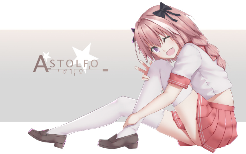 1boy ;d androgynous astolfo_(fate) black_bow black_footwear bow braided_ponytail character_name crop_top crossdressinging fang fate/apocrypha fate_(series) hair_bow highres loafers long_hair looking_at_viewer midriff miniskirt nestea one_eye_closed open_mouth otoko_no_ko pink_hair pleated_skirt red_skirt school_uniform shirt shoes short_sleeves skirt smile solo thigh-highs violet_eyes w white_legwear white_shirt zettai_ryouiki