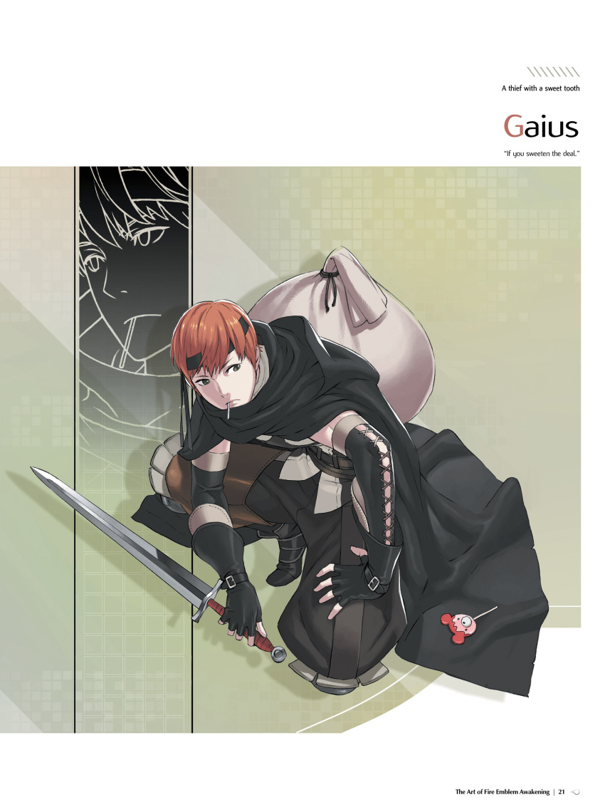 1boy absurdres belt candy character_name cloak fire_emblem fire_emblem:_kakusei food full_body gaia_(fire_emblem) gloves green_eyes headband highres kozaki_yuusuke lollipop male_focus official_art one_knee page_number redhead reverse_grip sack simple_background solo sword weapon