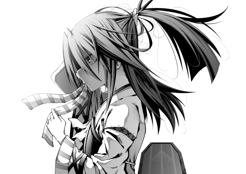 1girl adjusting_hair akaneharu_ohkami bangs flight_deck from_side greyscale hachimaki hair_tie headband high_ponytail japanese_clothes kantai_collection long_hair long_sleeves messy_hair monochrome mouth_hold muneate ponytail profile simple_background solo upper_body white_background zuihou_(kantai_collection)