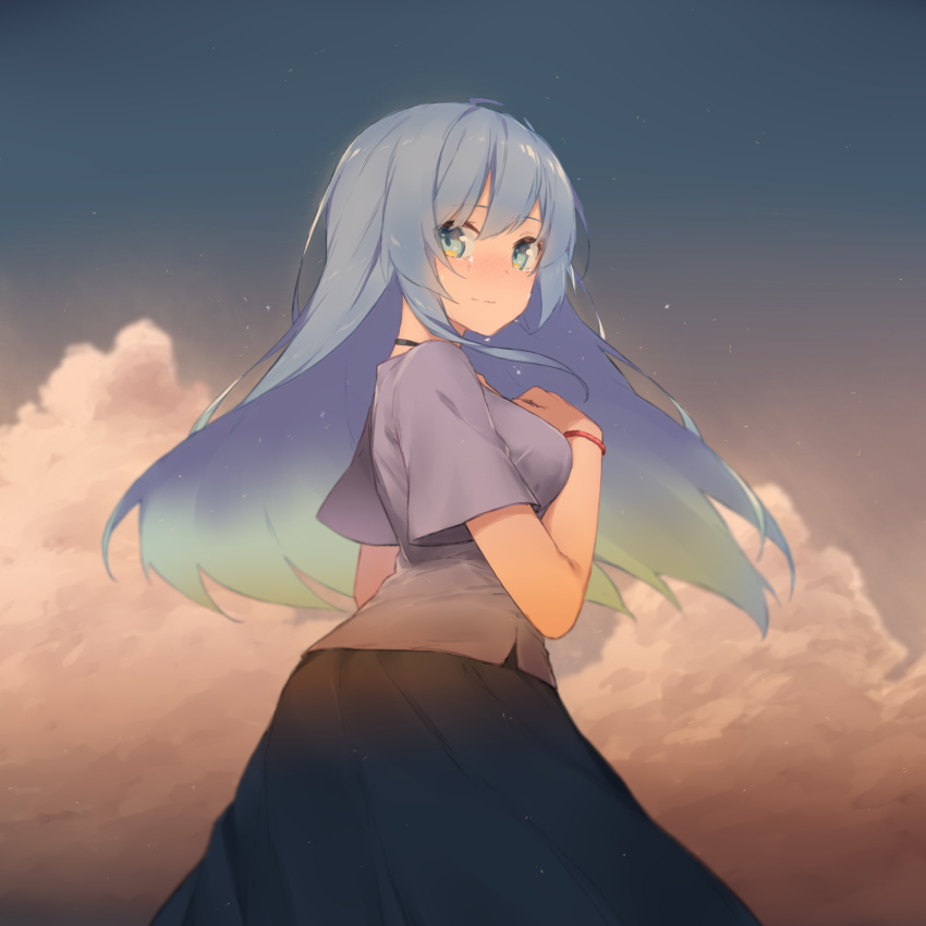 1girl ahoge bangs black_skirt blue_eyes blue_hair blue_sky blush breasts closed_mouth clouds cloudy_sky crying crying_with_eyes_open day eyebrows_visible_through_hair fhang gradient_hair green_hair grey_shirt hair_between_eyes hand_on_own_chest hand_up highres long_hair looking_at_viewer looking_to_the_side medium_breasts multicolored_hair nose_blush original outdoors shirt skirt sky smile solo tears very_long_hair