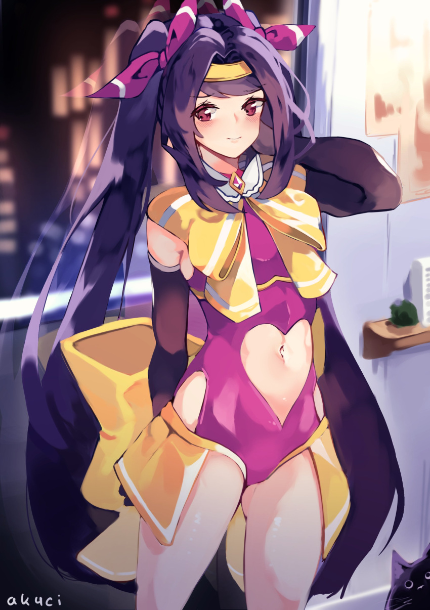 1girl absurdres aka--chi artist_name blurry blush cat city_lights cityscape closed_mouth cowboy_shot depth_of_field eyebrows_visible_through_hair girls_frontline hair_ribbon hand_behind_head headband heart_cutout highres jill_stingray long_hair looking_at_another looking_at_viewer magical_girl model_warrior_julianne navel night night_sky pink_ribbon purple_hair red_eyes reflection ribbon sky smile solo standing twintails va-11_hall-a very_long_hair