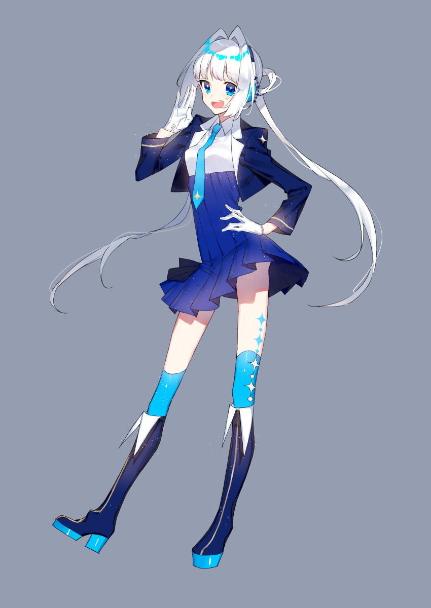 1girl :d absurdres ahoge bangs blue_dress blue_eyes blue_footwear blue_jacket blue_legwear blue_neckwear blush boots commentary dress eyebrows_visible_through_hair facing_viewer full_body gloves grey_background hand_on_hip hand_up headset highres jacket knee_boots long_hair long_sleeves looking_at_viewer necktie open_mouth original parted_hair satellite12 sidelocks simple_background smile standing teeth thigh-highs very_long_hair white_gloves white_hair