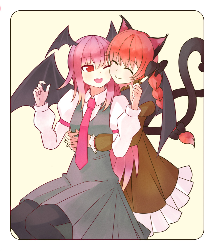 2girls ;d ^_^ animal_ears armband arpee bat_wings black_border black_dress black_legwear border bow braid brown_dress cat_ears cat_tail cheek-to-cheek closed_eyes commentary_request cowboy_shot dress dress_shirt eyebrows_visible_through_hair frilled_dress frills hair_bow hair_ribbon happy head_wings highres hug hug_from_behind juliet_sleeves kaenbyou_rin koakuma long_hair long_sleeves looking_at_another looking_back multiple_girls multiple_tails necktie one_eye_closed open_mouth pantyhose pinafore_dress puffy_sleeves red_eyes red_neckwear redhead ribbon shirt sidelocks simple_background smile tail touhou tress_ribbon very_long_hair wings yellow_background