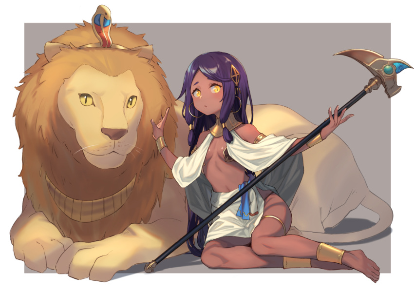1girl animal bangs bare_shoulders barefoot breasts closed_mouth commentary_request dark_skin earrings egyptian egyptian_clothes eyebrows_behind_hair fingernails grey_background hair_ornament holding holding_staff hoop_earrings jewelry lion long_hair looking_at_viewer original peroncho purple_hair shadow skirt small_breasts solo staff two-tone_background very_long_hair white_background white_skirt yellow_eyes