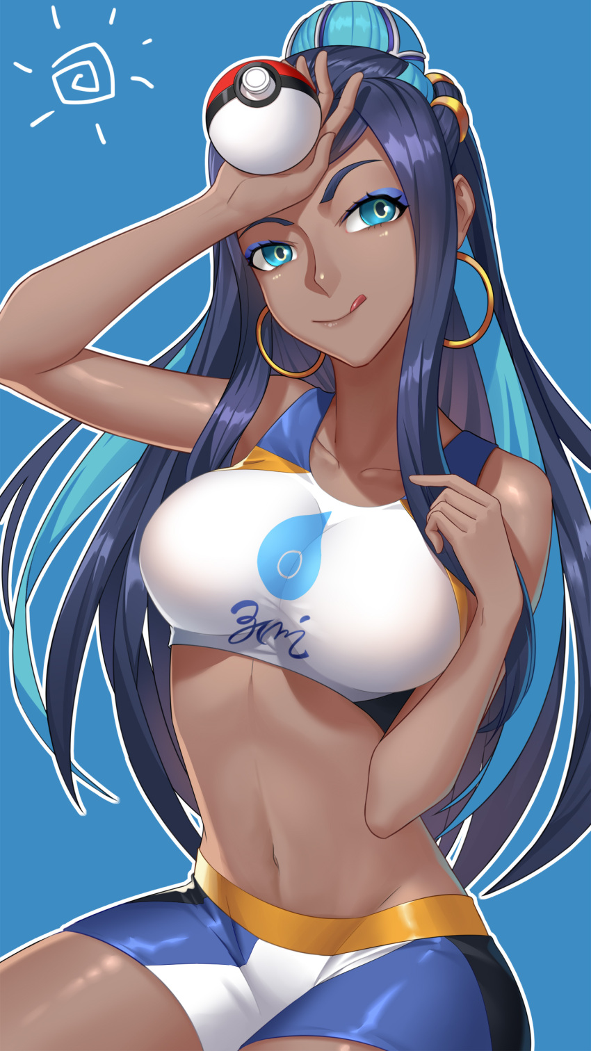 1girl :q absurdres armlet black_hair blue_background blue_eyes blue_hair breasts clothes_writing collarbone dark_skin earrings eyeshadow gloves gym_leader hair_bun hair_ornament highres holding holding_poke_ball hoop_earrings jewelry long_hair looking_at_viewer makeup medium_breasts multicolored_hair navel necklace poke_ball pokemon pokemon_(game) pokemon_swsh rurina_(pokemon) sitting solo swimsuit tankini tongue tongue_out ttttti very_long_hair