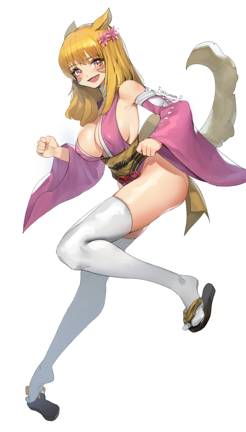 1girl :d absurdres animal_ears armpits bangs bare_shoulders blush breasts covered_nipples detached_sleeves facial_mark fang final_fantasy final_fantasy_xiv flower fox_ears fox_tail from_side full_body hair_flower hair_ornament highres japanese_clothes kimono large_breasts long_hair looking_at_viewer looking_to_the_side miqo'te obi open_mouth orange_hair red_eyes revealing_clothes romana sash short_kimono sideboob smile solo tail thigh-highs thighs white_legwear yukata